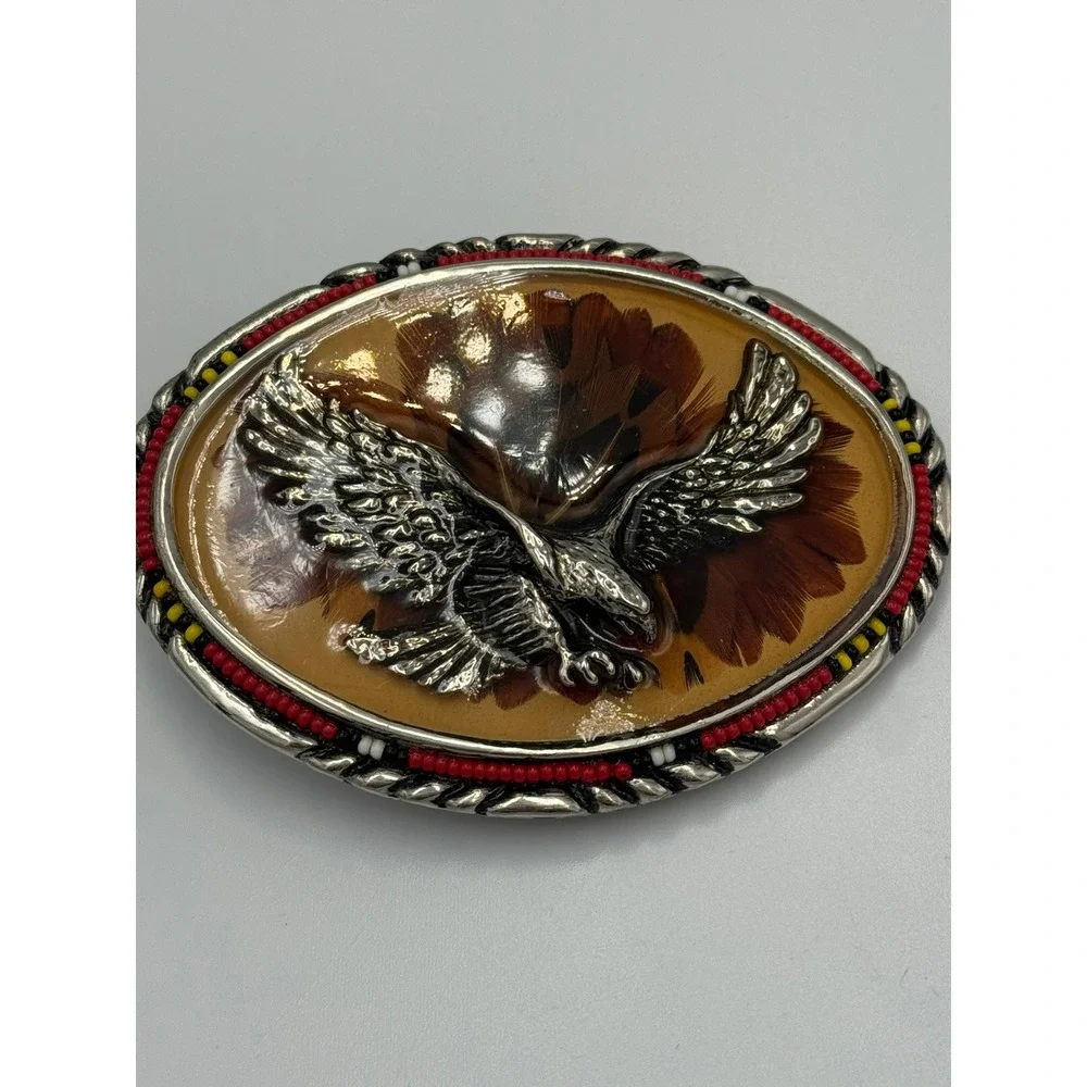 Vintage Western Eagle Feather Resin Belt Buckle Beaded Rope Edge Silver Tone